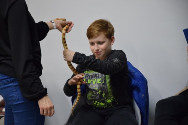 Zdjęcie przedstawia chłopca trzymającego węża