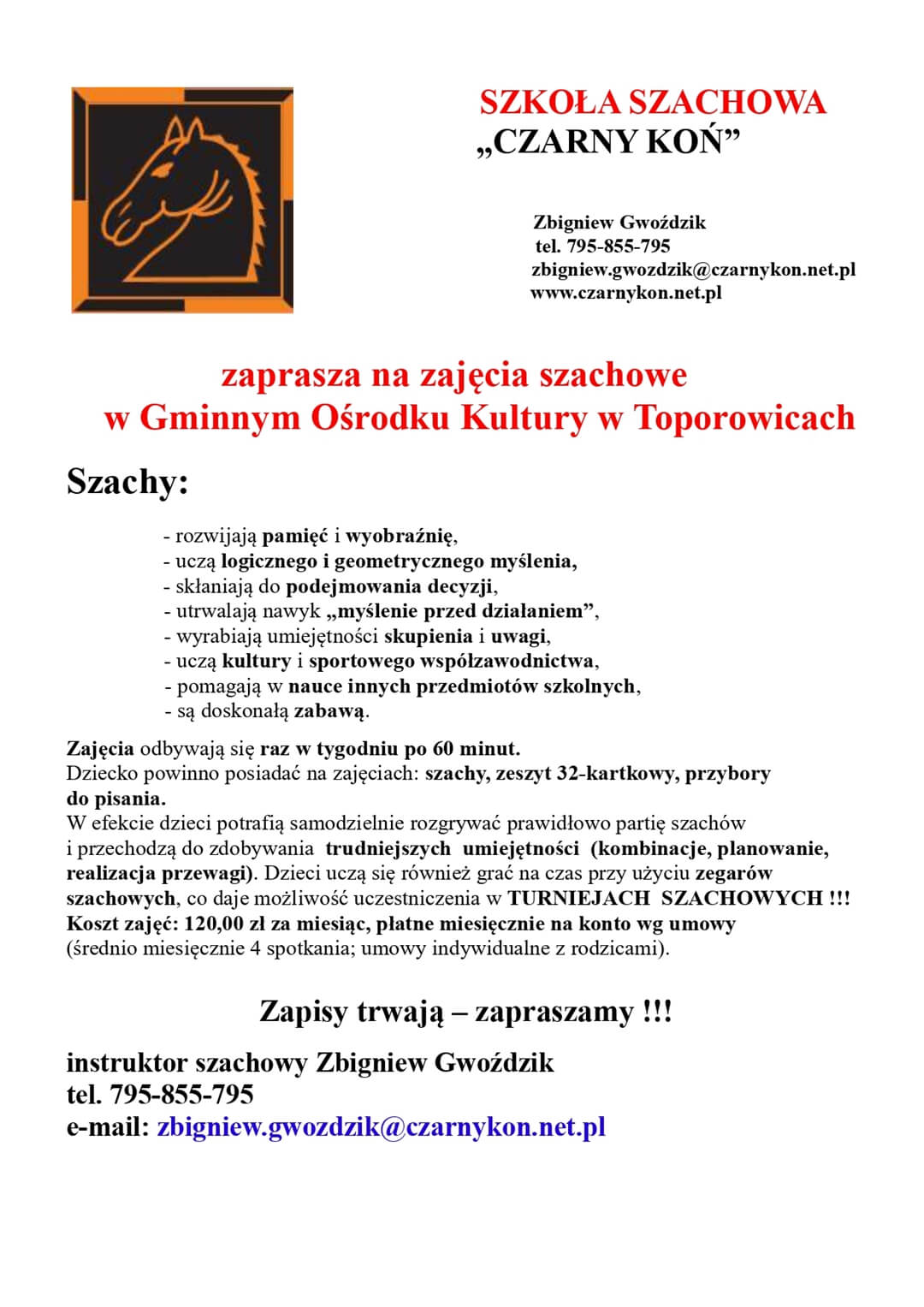 1-3 Szkoła szachowa "CZARNY KOŃ" zaprasza na zajęcia szachowe
